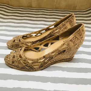 Stuart Weitzman Hurdle Tan Peep Toe Wedge Sandal